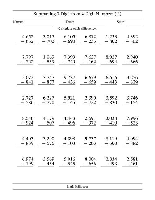 The Subtracting 3-Digit from 4-Digit Numbers With Some Regrouping (42 Questions) (Period Separated Thousands) (H) Math Worksheet