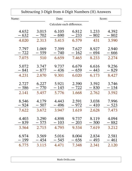 The 4-Digit Minus 3-Digit Subtraction with Period-Separated Thousands (H) Math Worksheet Page 2