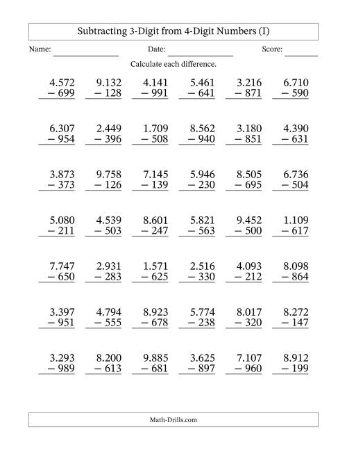 The Subtracting 3-Digit from 4-Digit Numbers With Some Regrouping (42 Questions) (Period Separated Thousands) (I) Math Worksheet