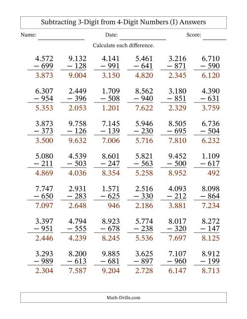 The 4-Digit Minus 3-Digit Subtraction with Period-Separated Thousands (I) Math Worksheet Page 2
