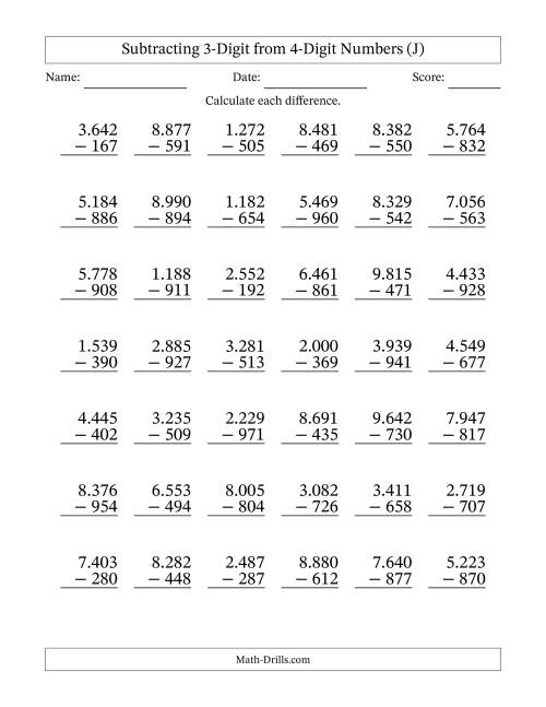 The Subtracting 3-Digit from 4-Digit Numbers With Some Regrouping (42 Questions) (Period Separated Thousands) (J) Math Worksheet