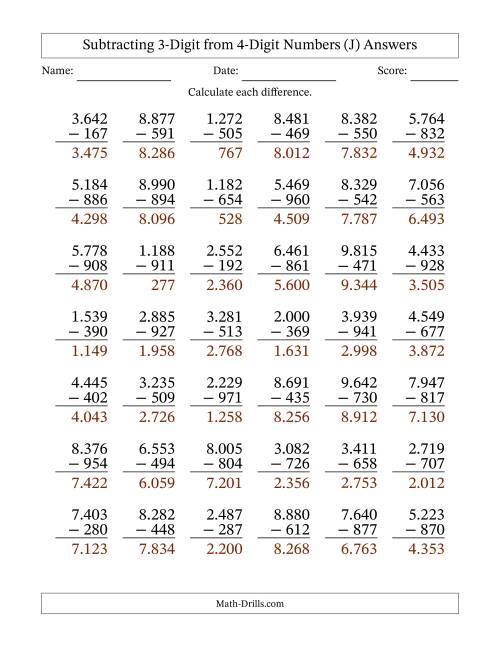The 4-Digit Minus 3-Digit Subtraction with Period-Separated Thousands (J) Math Worksheet Page 2