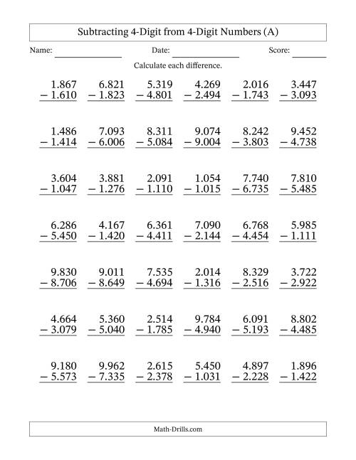The Subtracting 4-Digit from 4-Digit Numbers With Some Regrouping (42 Questions) (Period Separated Thousands) (A) Math Worksheet