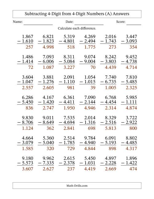 The 4-Digit Minus 4-Digit Subtraction with Period-Separated Thousands (A) Math Worksheet Page 2