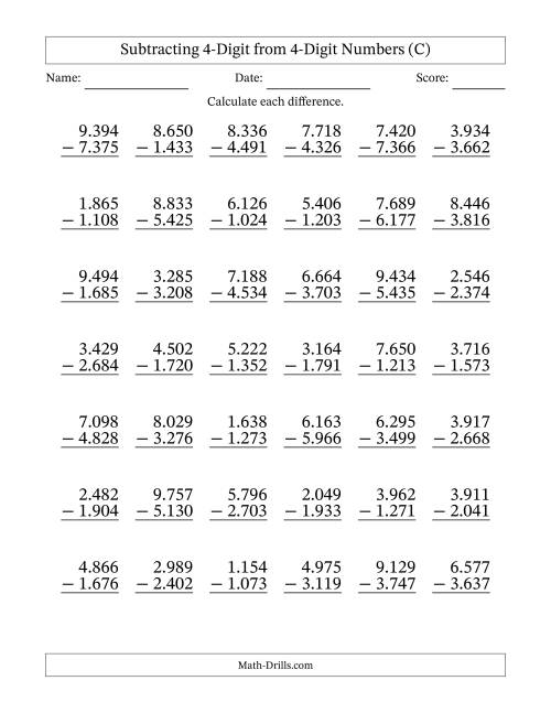 The Subtracting 4-Digit from 4-Digit Numbers With Some Regrouping (42 Questions) (Period Separated Thousands) (C) Math Worksheet