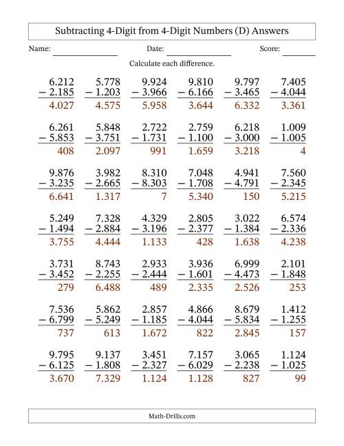 The Subtracting 4-Digit from 4-Digit Numbers With Some Regrouping (42 Questions) (Period Separated Thousands) (D) Math Worksheet Page 2
