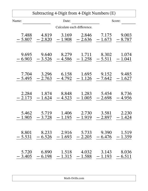 The Subtracting 4-Digit from 4-Digit Numbers With Some Regrouping (42 Questions) (Period Separated Thousands) (E) Math Worksheet