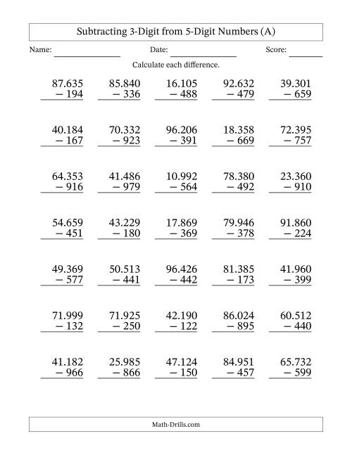 The 5-Digit Minus 3-Digit Subtraction with Period-Separated Thousands (A) Math Worksheet