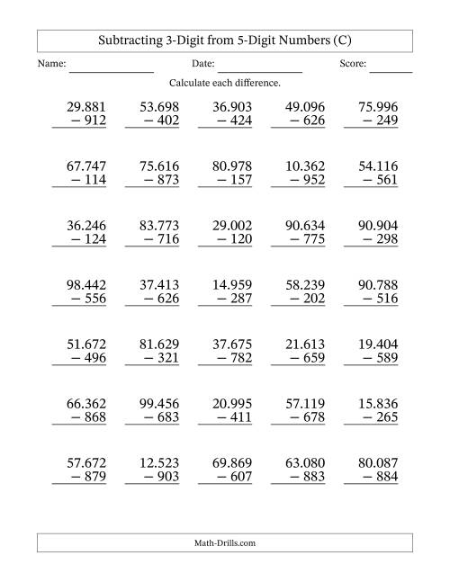 The 5-Digit Minus 3-Digit Subtraction with Period-Separated Thousands (C) Math Worksheet