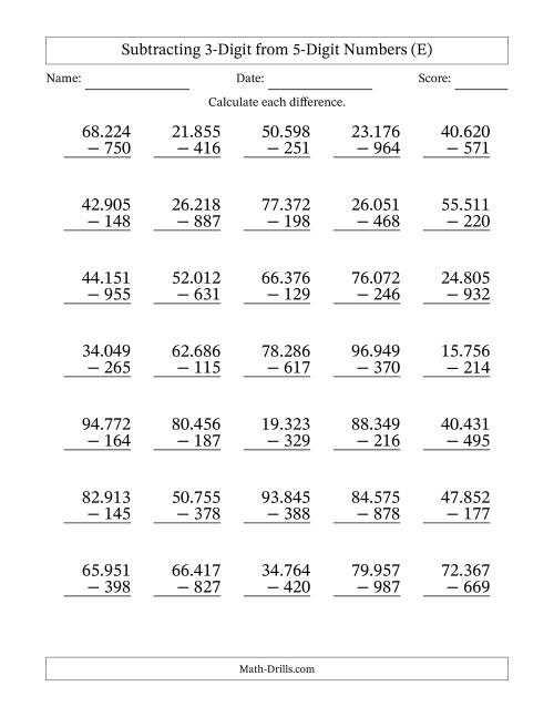 The 5-Digit Minus 3-Digit Subtraction with Period-Separated Thousands (E) Math Worksheet