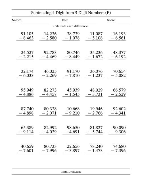 The Subtracting 4-Digit from 5-Digit Numbers With Some Regrouping (35 Questions) (Period Separated Thousands) (E) Math Worksheet