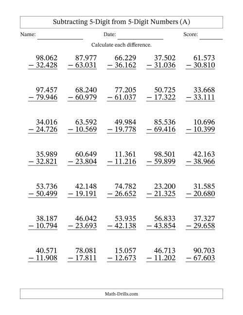 The 5-Digit Minus 5-Digit Subtraction with Period-Separated Thousands (A) Math Worksheet