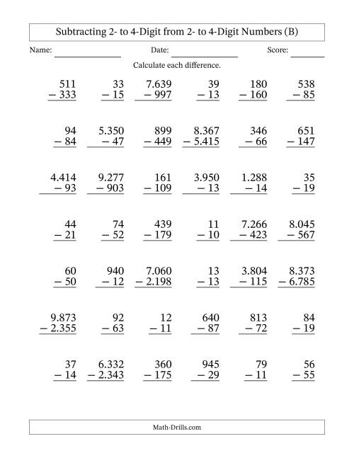The Subtracting Various Multi-Digit Numbers from 2- to 4-Digits with Period-Separated Thousands (B) Math Worksheet