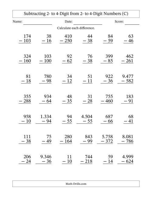 The Subtracting 2- to 4-Digit from 2- to 4-Digit Numbers With Some Regrouping (42 Questions) (Period Separated Thousands) (C) Math Worksheet