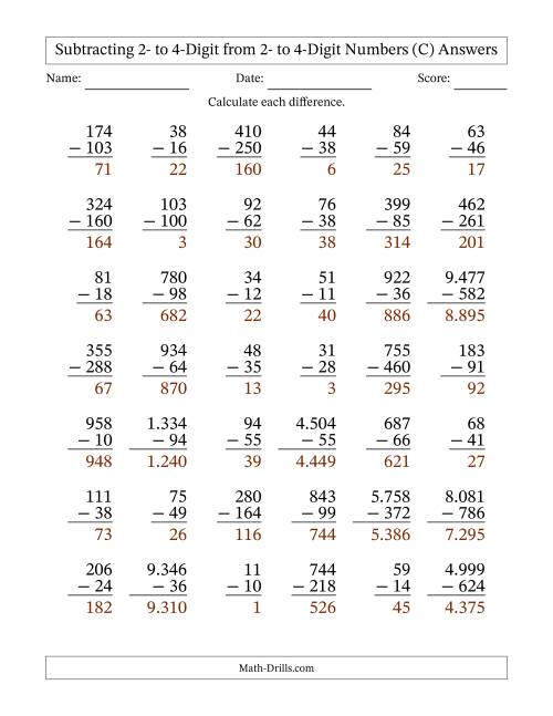 The Subtracting 2- to 4-Digit from 2- to 4-Digit Numbers With Some Regrouping (42 Questions) (Period Separated Thousands) (C) Math Worksheet Page 2
