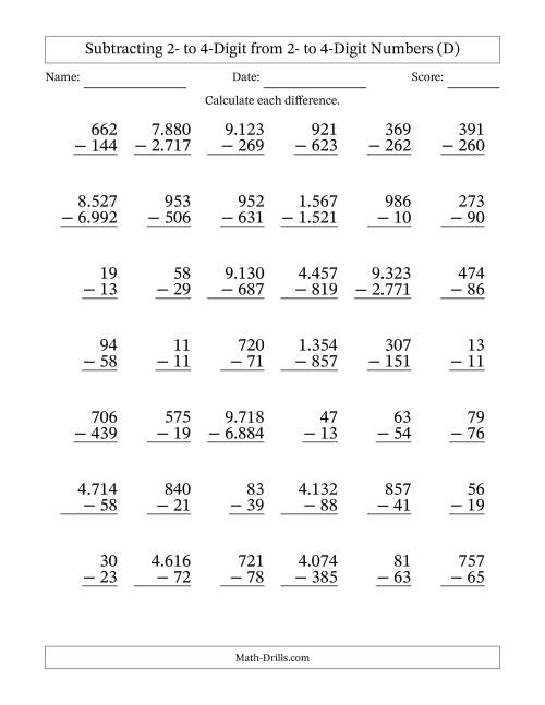 The Subtracting 2- to 4-Digit from 2- to 4-Digit Numbers With Some Regrouping (42 Questions) (Period Separated Thousands) (D) Math Worksheet