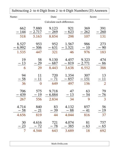 The Subtracting Various Multi-Digit Numbers from 2- to 4-Digits with Period-Separated Thousands (D) Math Worksheet Page 2