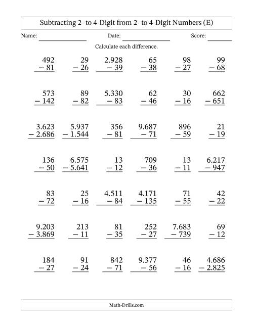 The Subtracting Various Multi-Digit Numbers from 2- to 4-Digits with Period-Separated Thousands (E) Math Worksheet