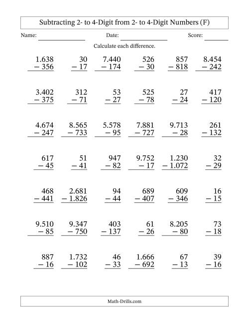 The Subtracting 2- to 4-Digit from 2- to 4-Digit Numbers With Some Regrouping (42 Questions) (Period Separated Thousands) (F) Math Worksheet