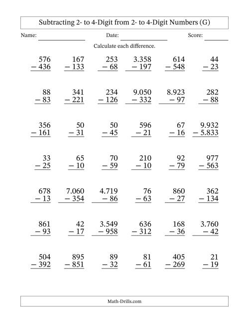 The Subtracting 2- to 4-Digit from 2- to 4-Digit Numbers With Some Regrouping (42 Questions) (Period Separated Thousands) (G) Math Worksheet