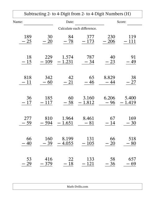 The Subtracting 2- to 4-Digit from 2- to 4-Digit Numbers With Some Regrouping (42 Questions) (Period Separated Thousands) (H) Math Worksheet