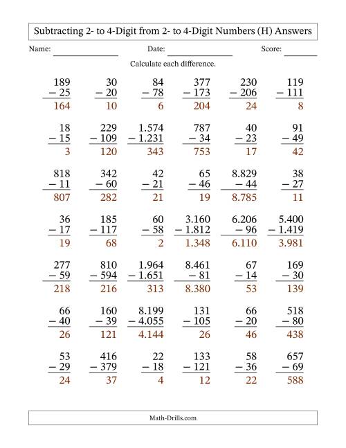 The Subtracting Various Multi-Digit Numbers from 2- to 4-Digits with Period-Separated Thousands (H) Math Worksheet Page 2