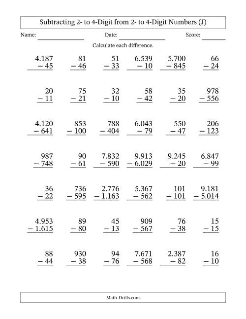 The Subtracting 2- to 4-Digit from 2- to 4-Digit Numbers With Some Regrouping (42 Questions) (Period Separated Thousands) (J) Math Worksheet