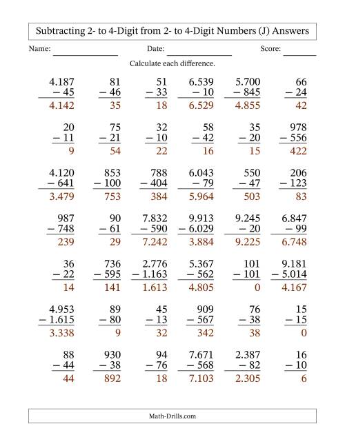 The Subtracting 2- to 4-Digit from 2- to 4-Digit Numbers With Some Regrouping (42 Questions) (Period Separated Thousands) (J) Math Worksheet Page 2