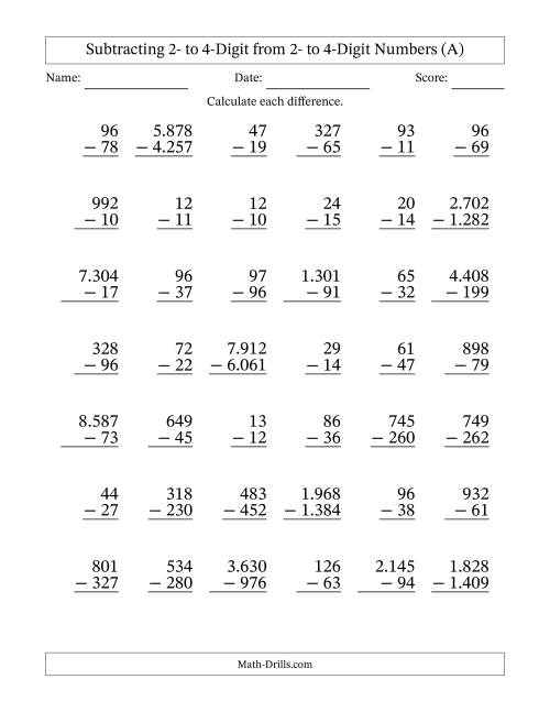 The Subtracting Various Multi-Digit Numbers from 2- to 4-Digits with Period-Separated Thousands (All) Math Worksheet