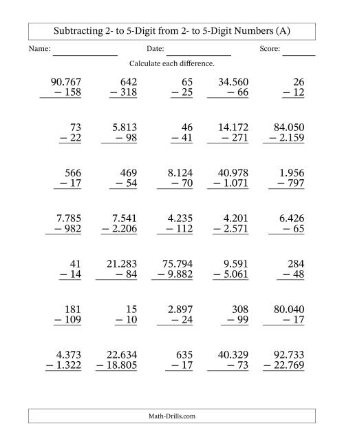 The Subtracting Various Multi-Digit Numbers from 2- to 5-Digits with Period-Separated Thousands (A) Math Worksheet