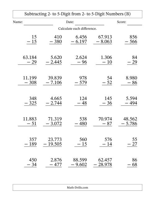 The Subtracting Various Multi-Digit Numbers from 2- to 5-Digits with Period-Separated Thousands (B) Math Worksheet