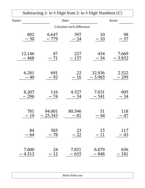 The Subtracting 2- to 5-Digit from 2- to 5-Digit Numbers With Some Regrouping (35 Questions) (Period Separated Thousands) (C) Math Worksheet