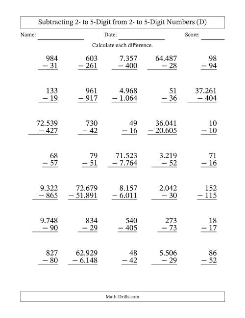 The Subtracting 2- to 5-Digit from 2- to 5-Digit Numbers With Some Regrouping (35 Questions) (Period Separated Thousands) (D) Math Worksheet