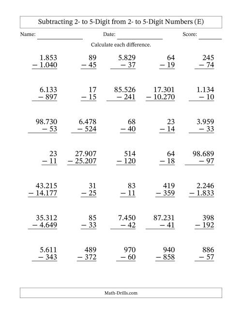 The Subtracting 2- to 5-Digit from 2- to 5-Digit Numbers With Some Regrouping (35 Questions) (Period Separated Thousands) (E) Math Worksheet