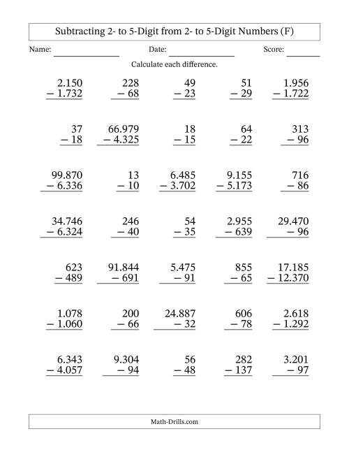 The Subtracting 2- to 5-Digit from 2- to 5-Digit Numbers With Some Regrouping (35 Questions) (Period Separated Thousands) (F) Math Worksheet