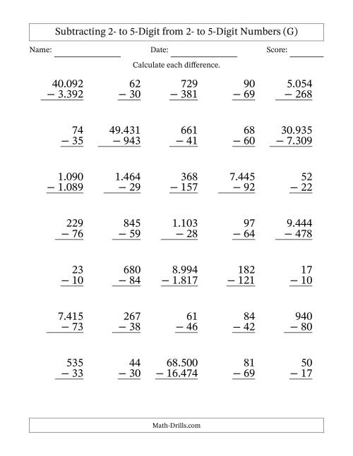 The Subtracting 2- to 5-Digit from 2- to 5-Digit Numbers With Some Regrouping (35 Questions) (Period Separated Thousands) (G) Math Worksheet