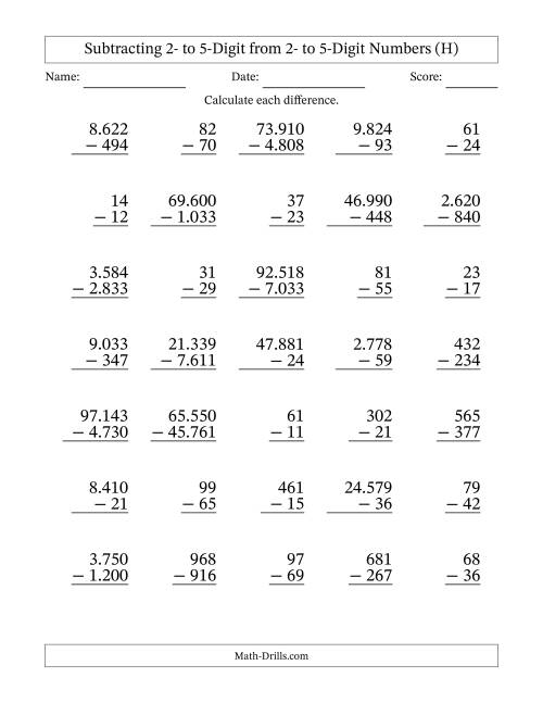 The Subtracting 2- to 5-Digit from 2- to 5-Digit Numbers With Some Regrouping (35 Questions) (Period Separated Thousands) (H) Math Worksheet