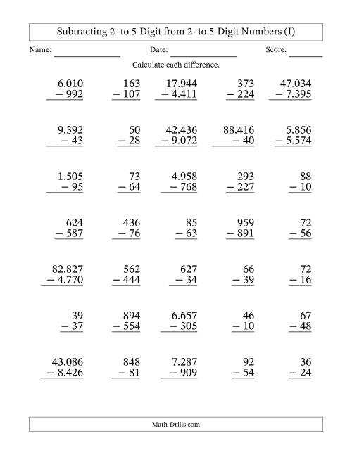 The Subtracting 2- to 5-Digit from 2- to 5-Digit Numbers With Some Regrouping (35 Questions) (Period Separated Thousands) (I) Math Worksheet