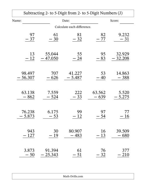 The Subtracting 2- to 5-Digit from 2- to 5-Digit Numbers With Some Regrouping (35 Questions) (Period Separated Thousands) (J) Math Worksheet