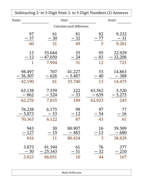 The Subtracting 2- to 5-Digit from 2- to 5-Digit Numbers With Some Regrouping (35 Questions) (Period Separated Thousands) (J) Math Worksheet Page 2