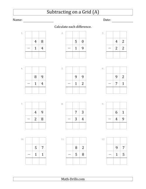 The Subtracting 2-Digit Numbers from 2-Digit Numbers With Grid Support (A) Math Worksheet
