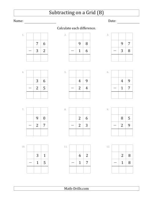 The Subtracting 2-Digit Numbers from 2-Digit Numbers With Grid Support (B) Math Worksheet