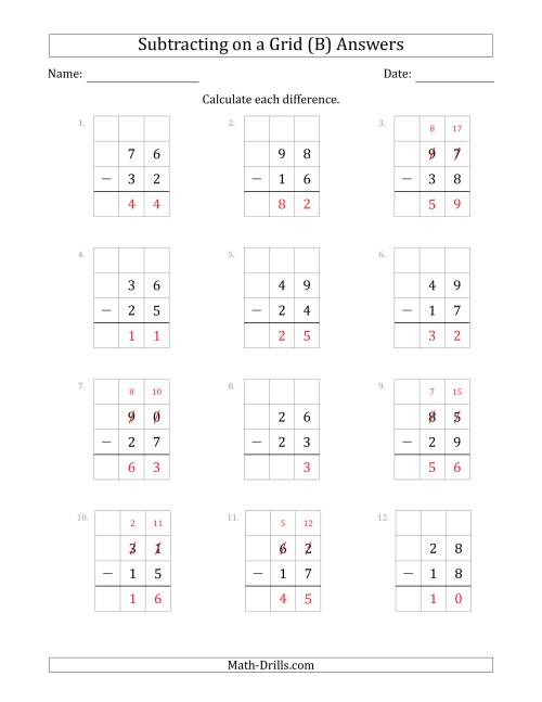 The Subtracting 2-Digit Numbers from 2-Digit Numbers With Grid Support (B) Math Worksheet Page 2