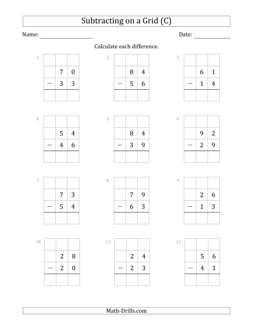 The Subtracting 2-Digit Numbers from 2-Digit Numbers With Grid Support (C) Math Worksheet