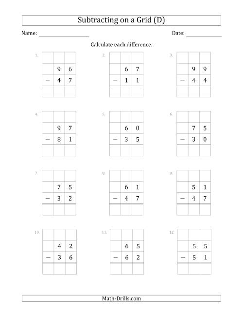 The Subtracting 2-Digit Numbers from 2-Digit Numbers With Grid Support (D) Math Worksheet