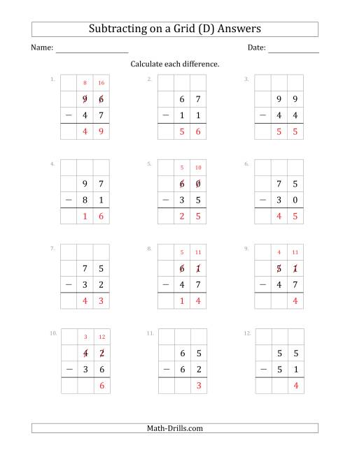 The Subtracting 2-Digit Numbers from 2-Digit Numbers With Grid Support (D) Math Worksheet Page 2