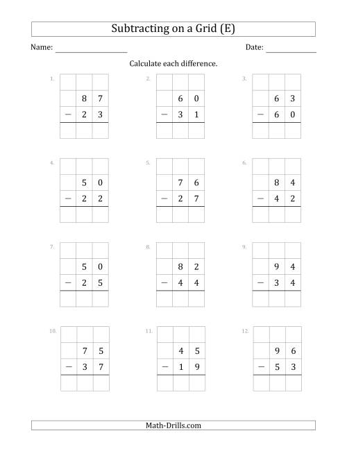 The Subtracting 2-Digit Numbers from 2-Digit Numbers With Grid Support (E) Math Worksheet