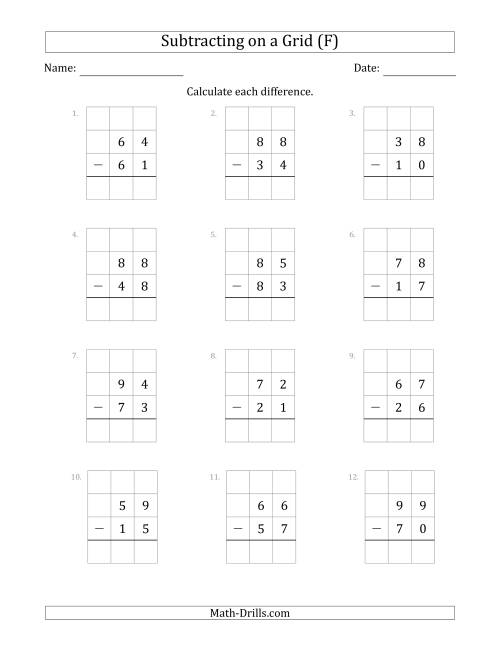 The Subtracting 2-Digit Numbers from 2-Digit Numbers With Grid Support (F) Math Worksheet