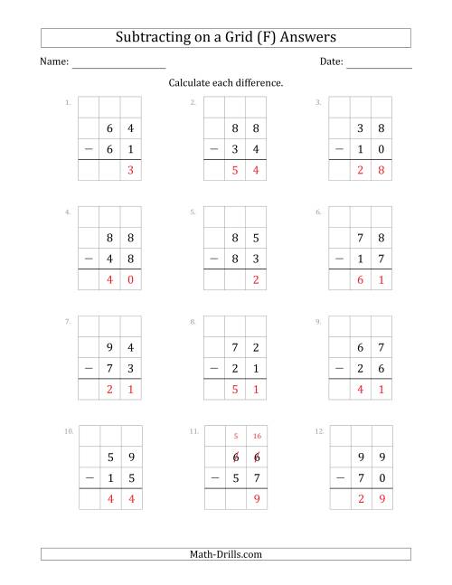 The Subtracting 2-Digit Numbers from 2-Digit Numbers With Grid Support (F) Math Worksheet Page 2
