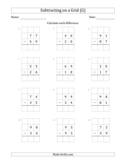 The Subtracting 2-Digit Numbers from 2-Digit Numbers With Grid Support (G) Math Worksheet